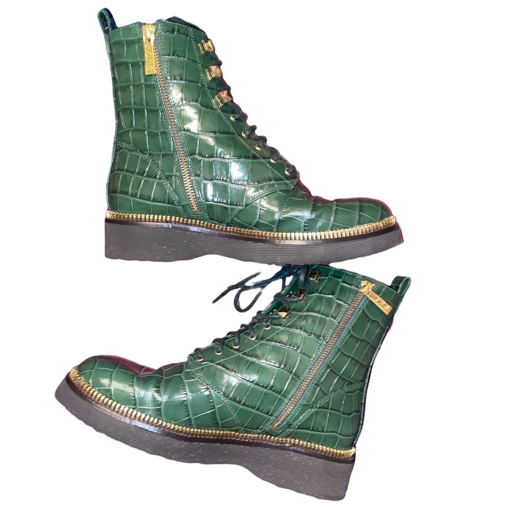 Michael Kors Haskell croc embossed leather bootie, combat boots, moss green, 9.5 - Picture 15 of 15